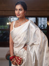Banarasee Handwoven Semi Silk Saree With Silver Zari Buta Design-White