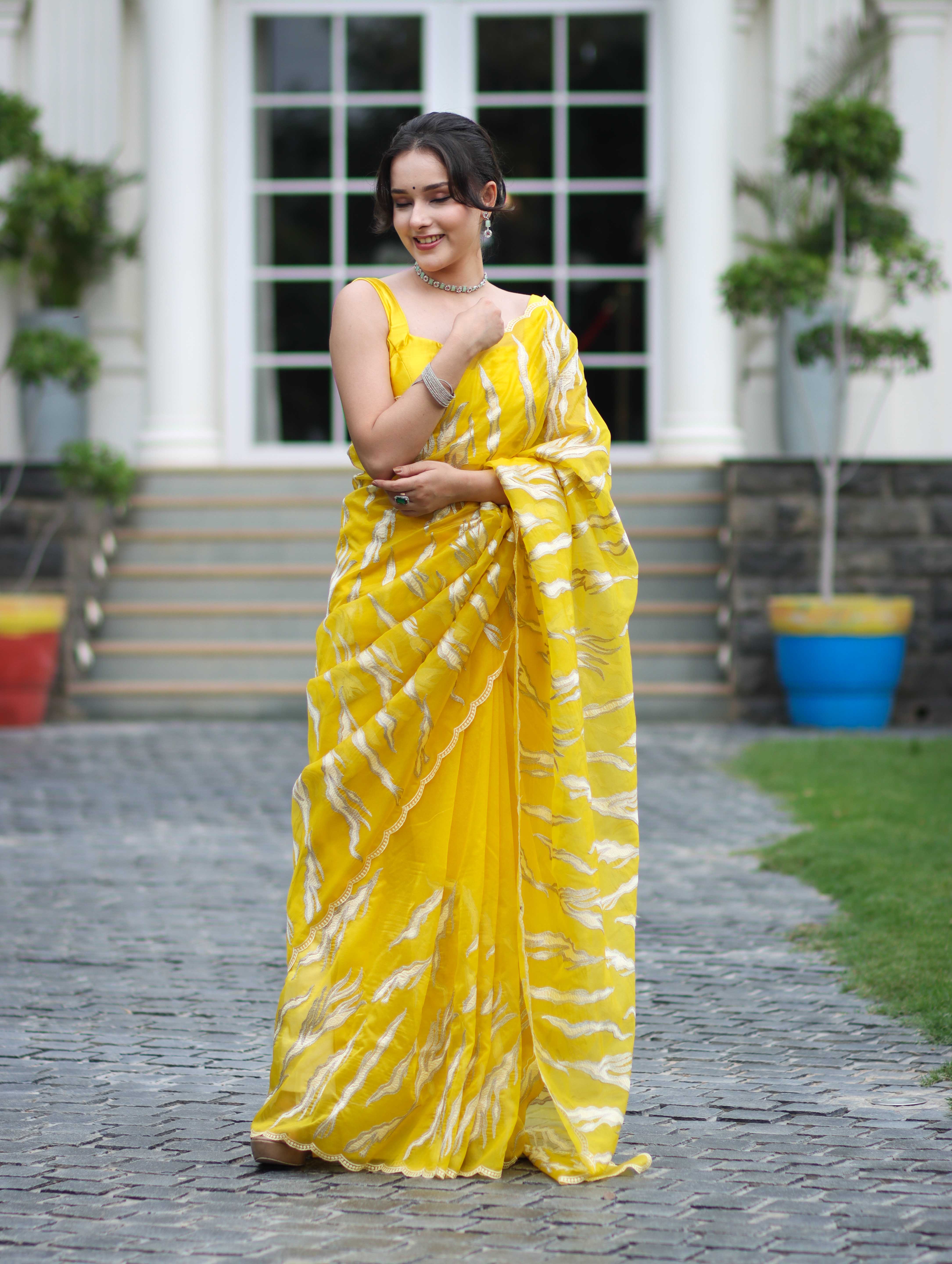 Banarasee Handloom Organza Saree With Resham Zari Work & Scallop Border-Yellow