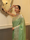 Banarasee Handwoven Plain Tissue Saree With Zari Border-Pistachio Green