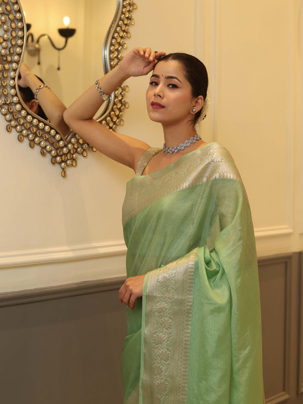 Banarasee Handwoven Plain Tissue Saree With Zari Border-Pistachio Green