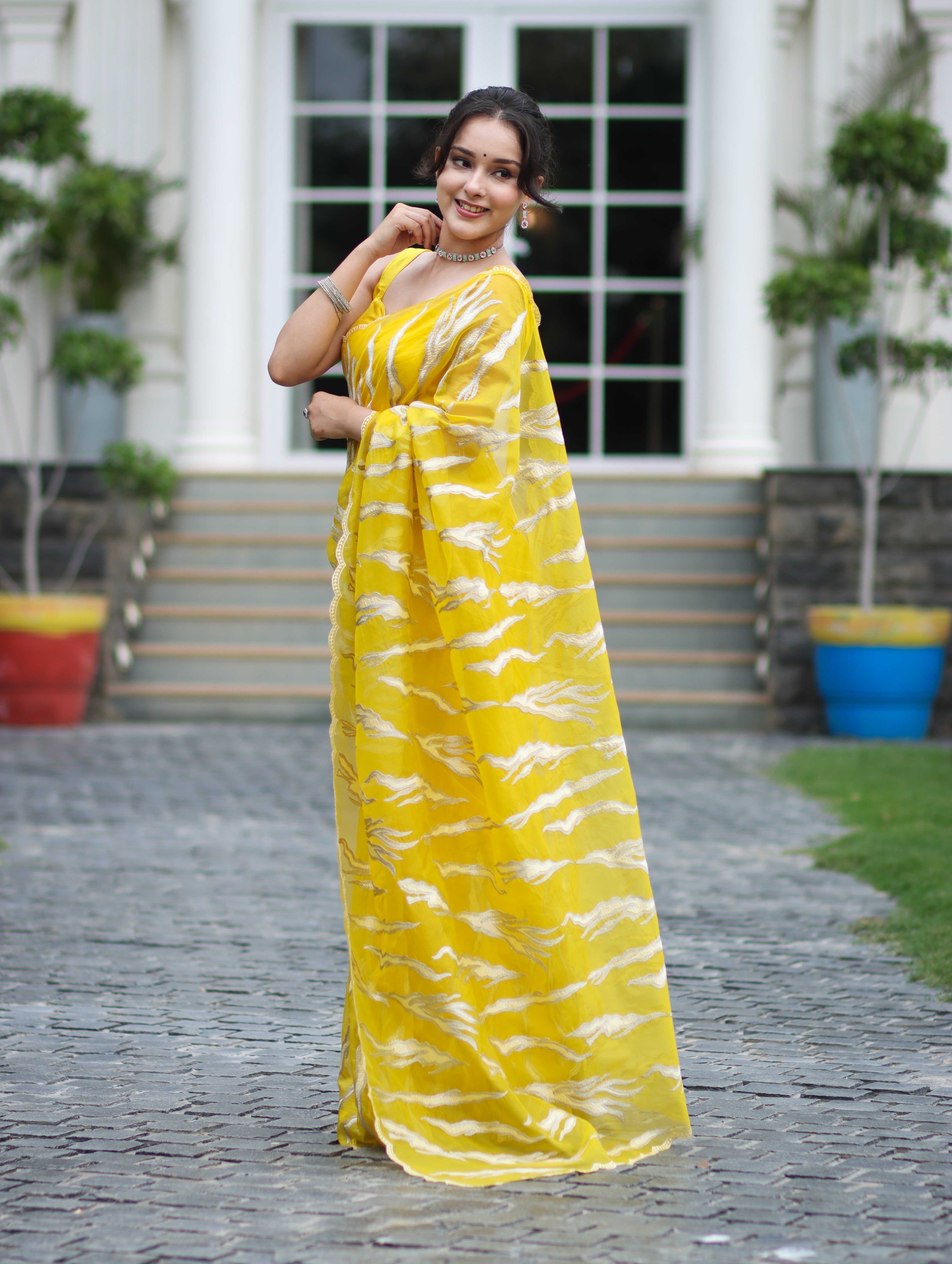 Banarasee Handloom Organza Saree With Resham Zari Work & Scallop Border-Yellow