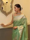 Banarasee Handwoven Plain Tissue Saree With Zari Border-Pistachio Green