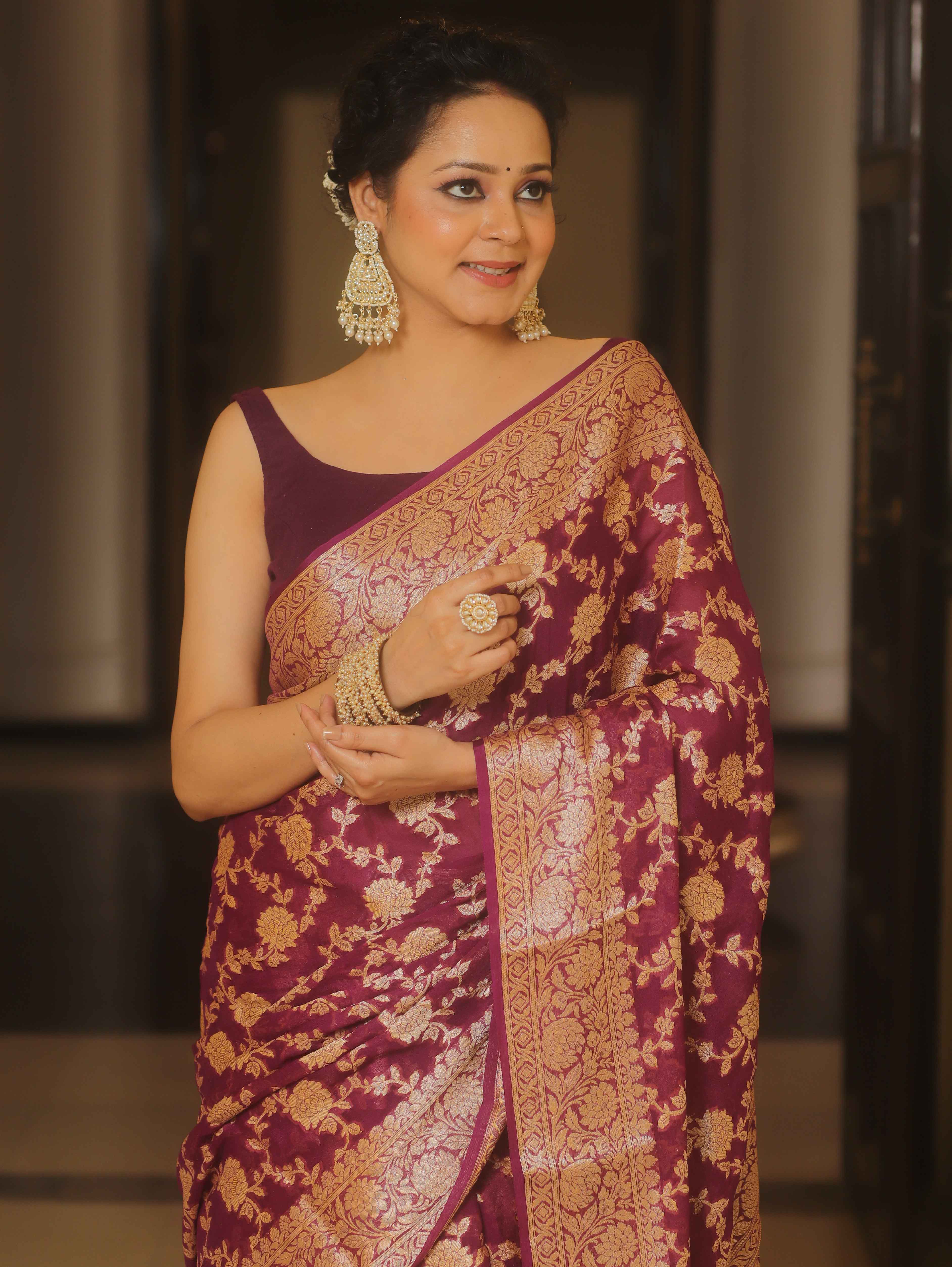 Banarasee Pure Chiffon Saree Zari Jaal Design-Violet