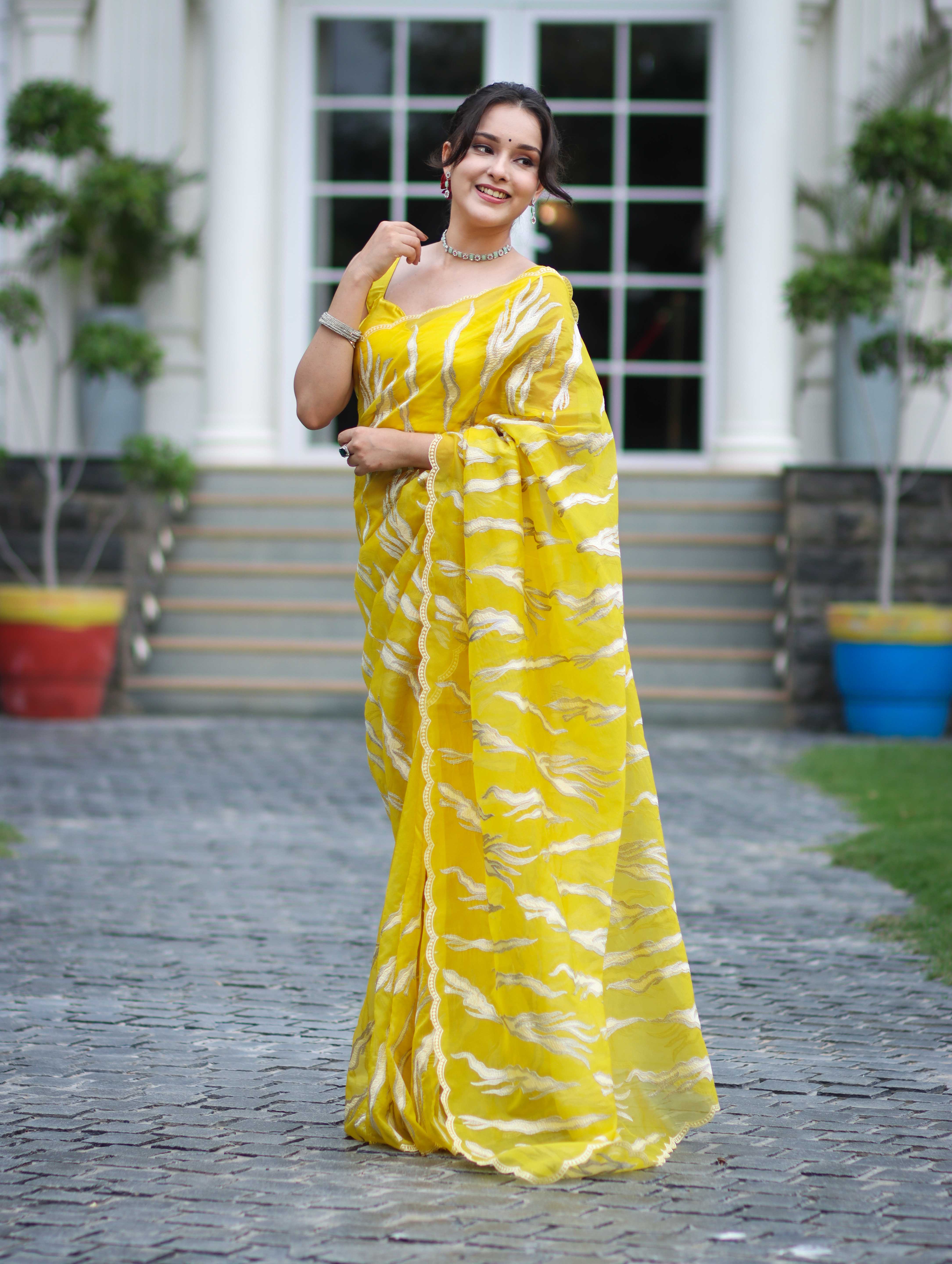 Banarasee Handloom Organza Saree With Resham Zari Work & Scallop Border-Yellow