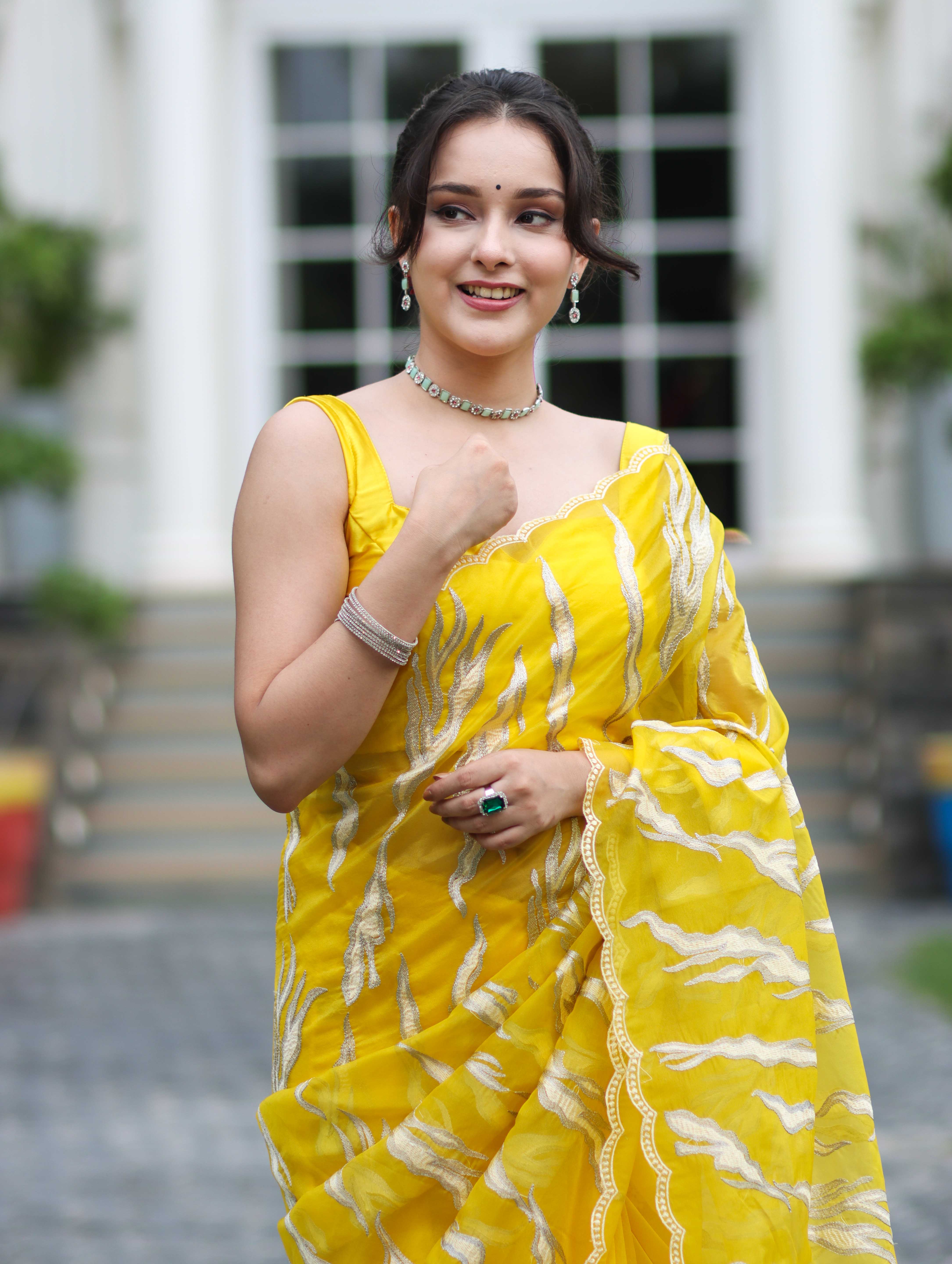 Banarasee Handloom Organza Saree With Resham Zari Work & Scallop Border-Yellow