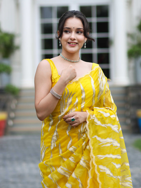 Banarasee Handloom Organza Saree With Resham Zari Work & Scallop Border-Yellow