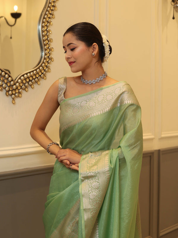 Banarasee Handwoven Plain Tissue Saree With Zari Border-Pistachio Green
