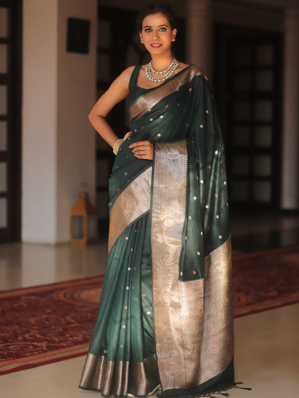 Banarasee Cotton Silk Saree With Copper Zari Broad Border-Green