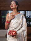 Banarasee Handwoven Semi Silk Saree With Silver Zari Buta Design-White