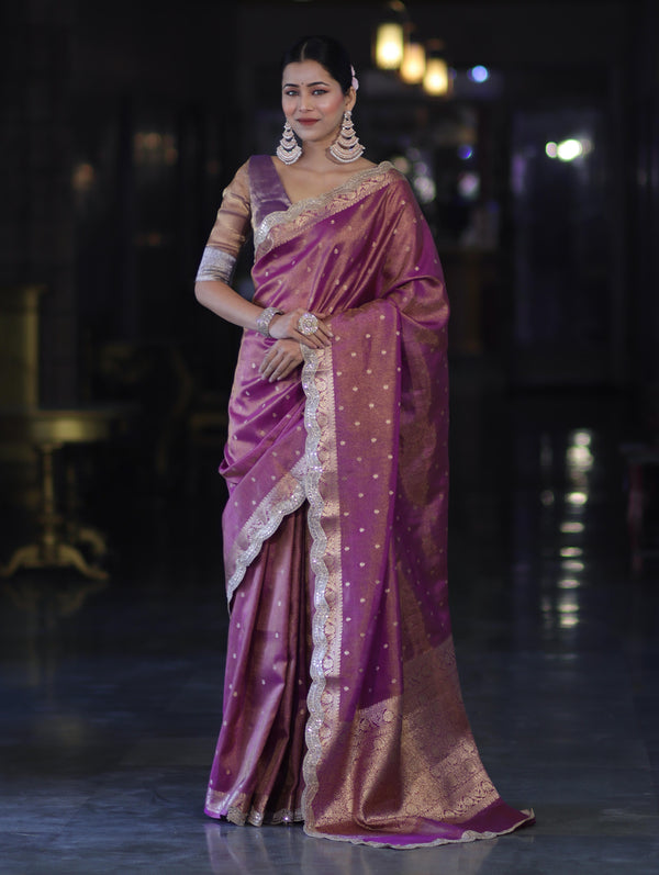 Banarasee Handloom Dual Tone Shimmer Tissue Saree With Buti Design Zari Border & Lace-Violet