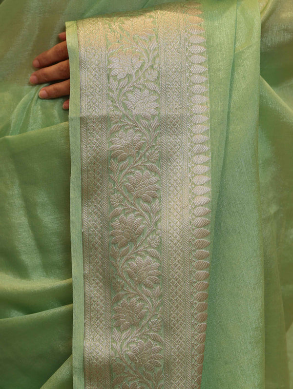 Banarasee Handwoven Plain Tissue Saree With Zari Border-Pistachio Green