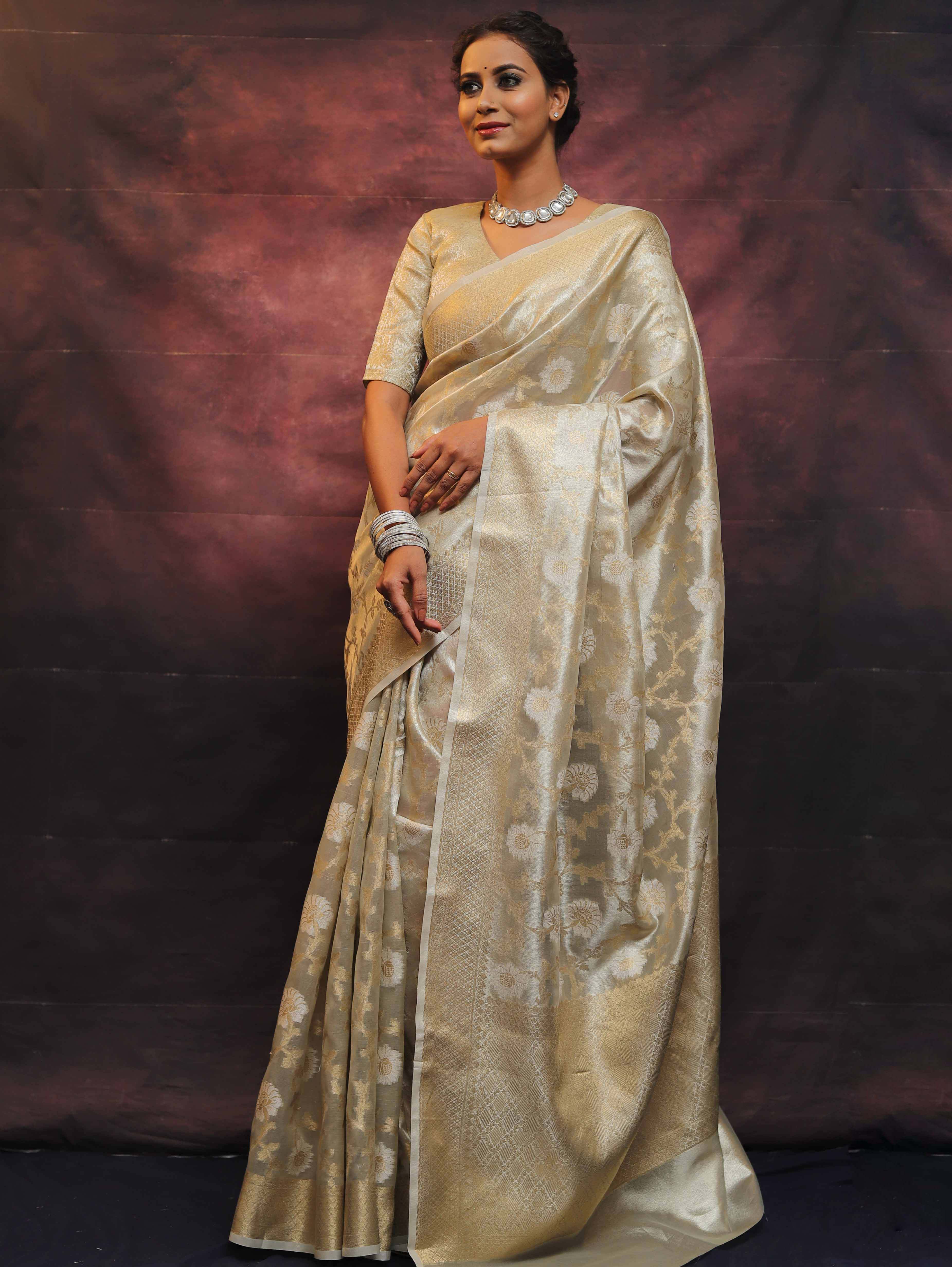 Banarasee Handwoven Tissue Saree With Zari Jaal Work-Silver