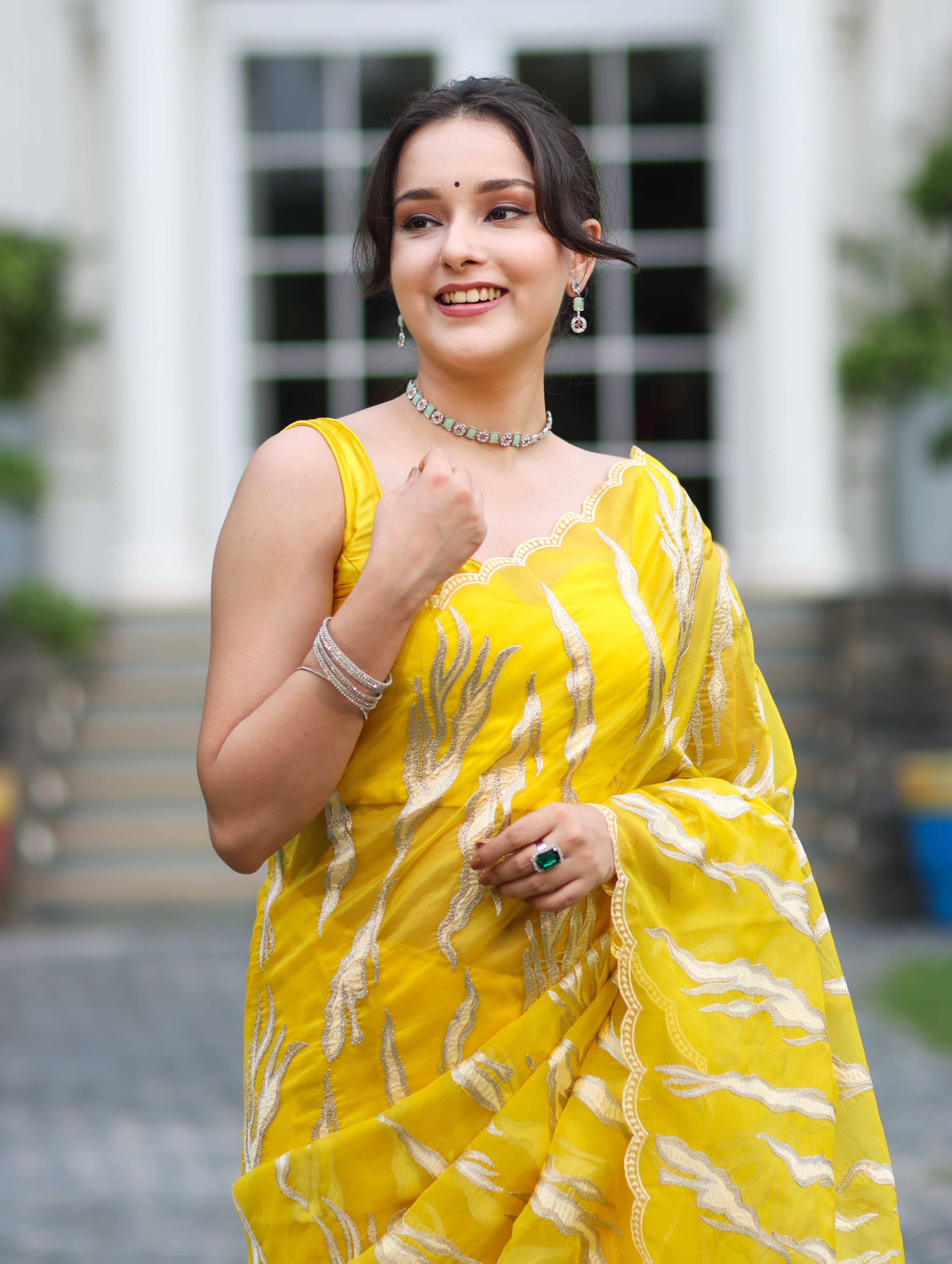 Banarasee Handloom Organza Saree With Resham Zari Work & Scallop Border-Yellow