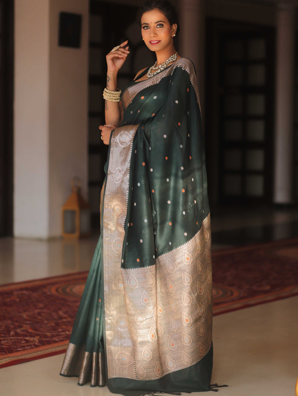 Banarasee Cotton Silk Saree With Copper Zari Broad Border-Green
