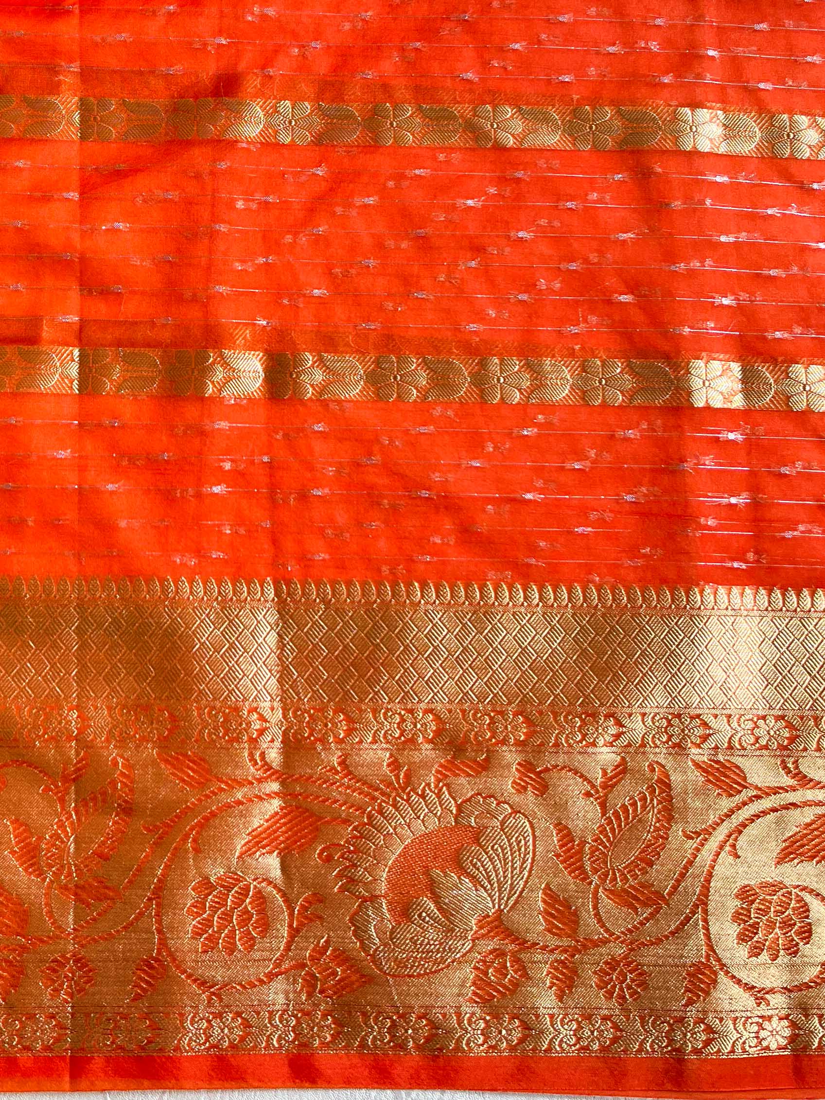 Banarasee Organza Mix Saree With Stripes Design & Broad Border-Orange