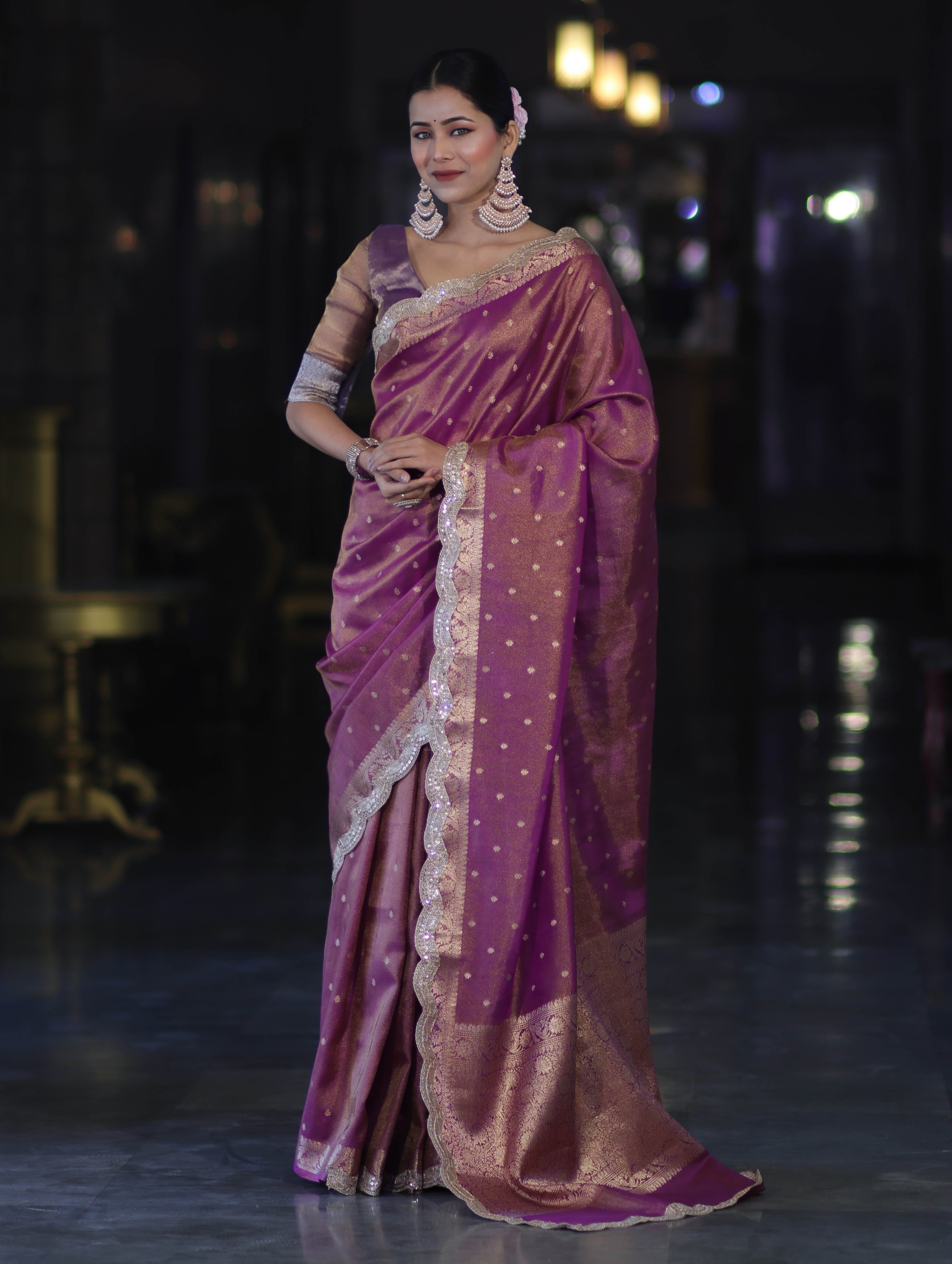 Banarasee Handloom Dual Tone Shimmer Tissue Saree With Buti Design Zari Border & Lace-Violet