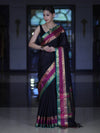 Banarasee Handloom Plain Semi Silk Saree With Contrast Zari Border-Black