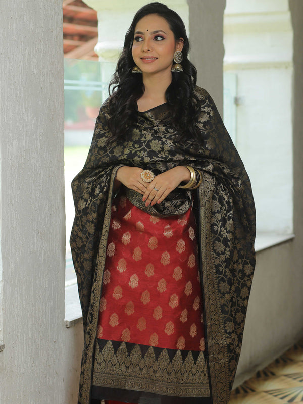 Banarasee Chanderi Cotton Salwar Kameez Fabric With Antique Zari & Contrast Dupatta-Maroon & Black