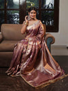 Banarasee Handwoven Crushed Tissue Saree With Zari Buta Design & Lace-Onion Pink