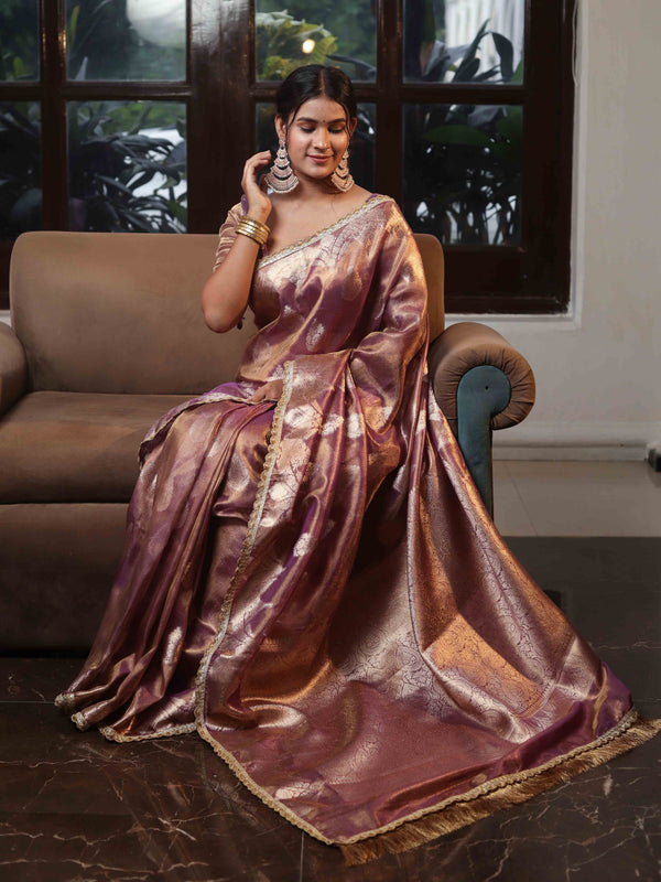 Banarasee Handwoven Crushed Tissue Saree With Zari Buta Design & Lace-Onion Pink