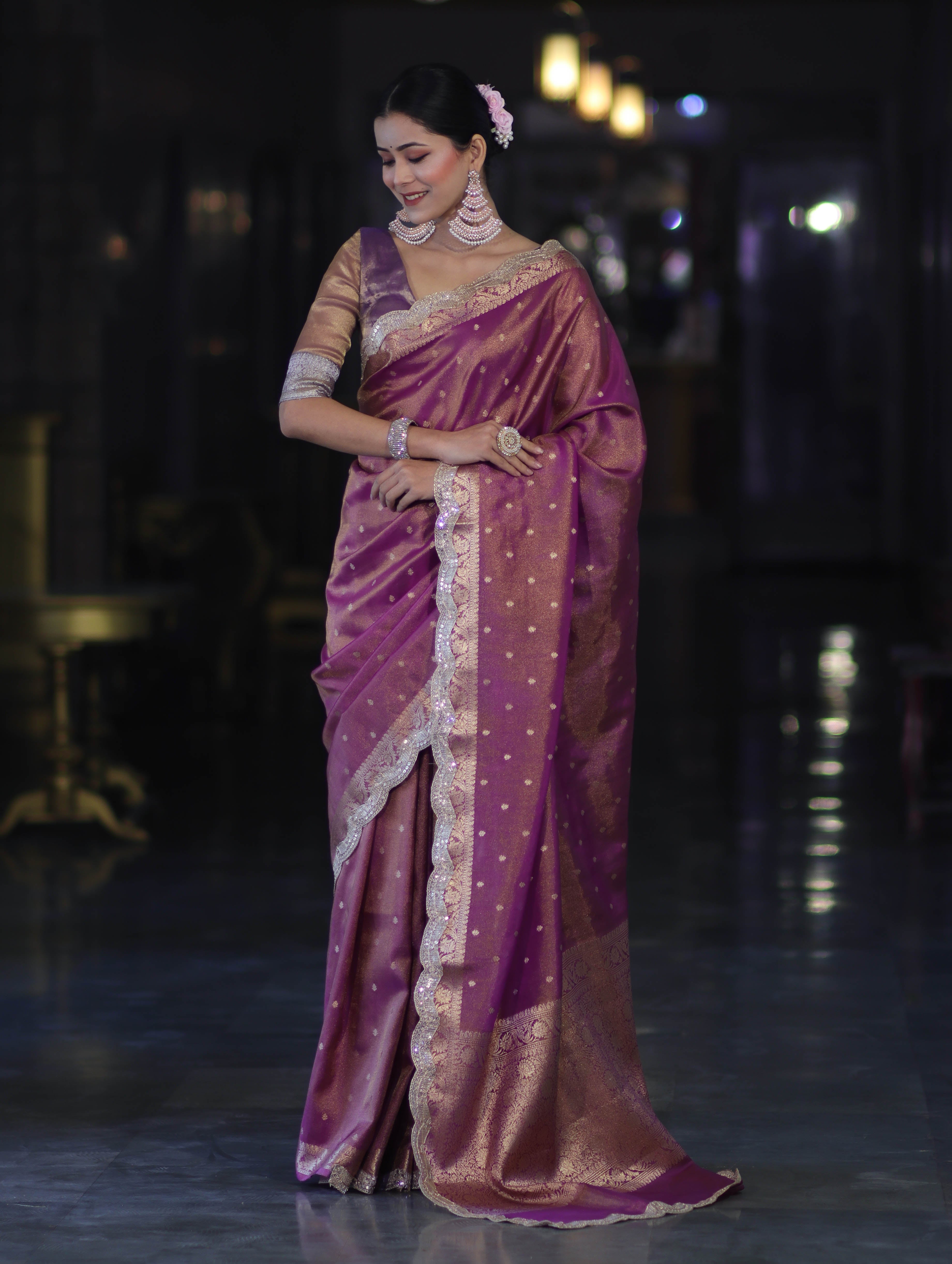 Banarasee Handloom Dual Tone Shimmer Tissue Saree With Buti Design Zari Border & Lace-Violet