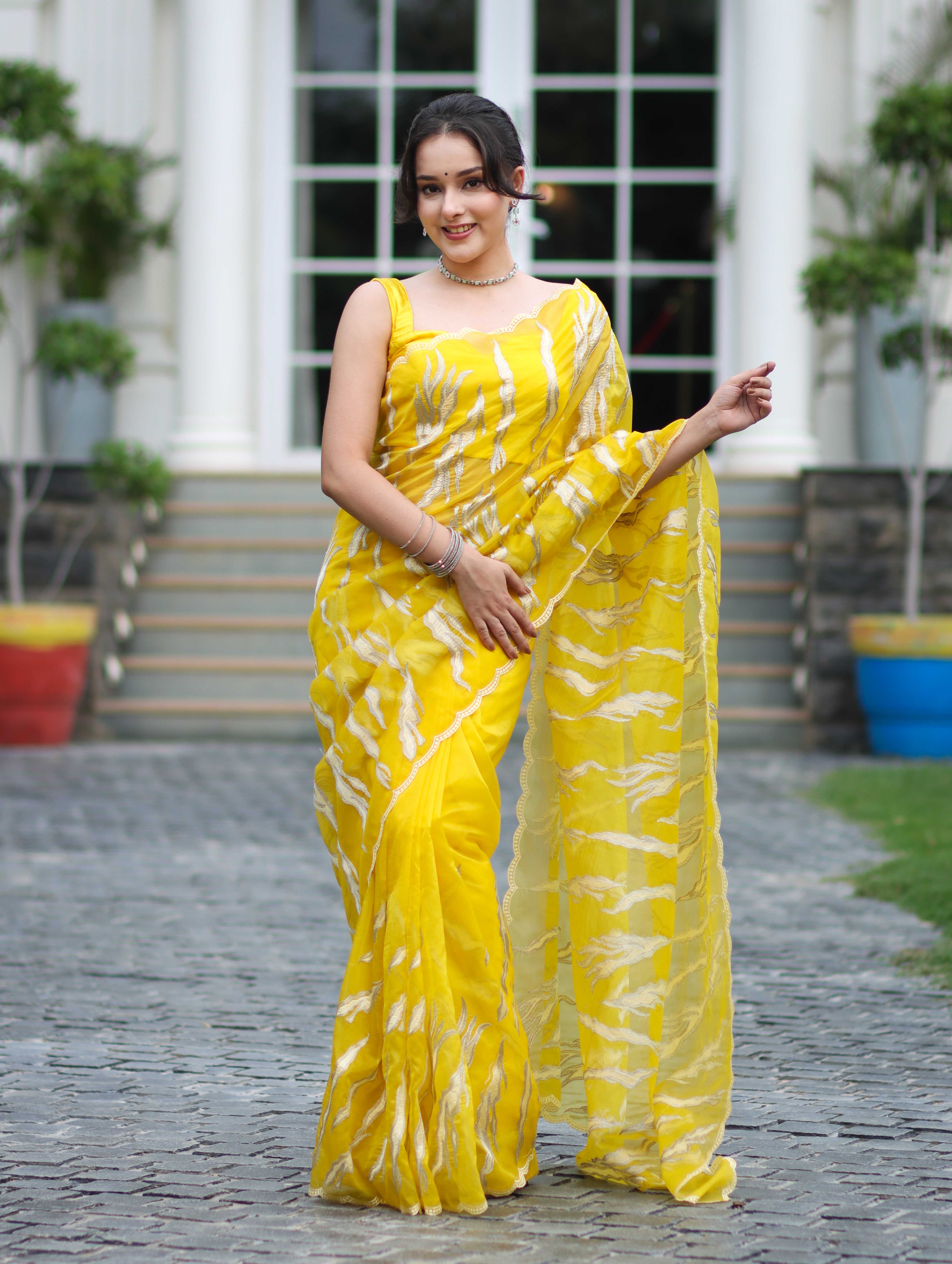 Banarasee Handloom Organza Saree With Resham Zari Work & Scallop Border-Yellow