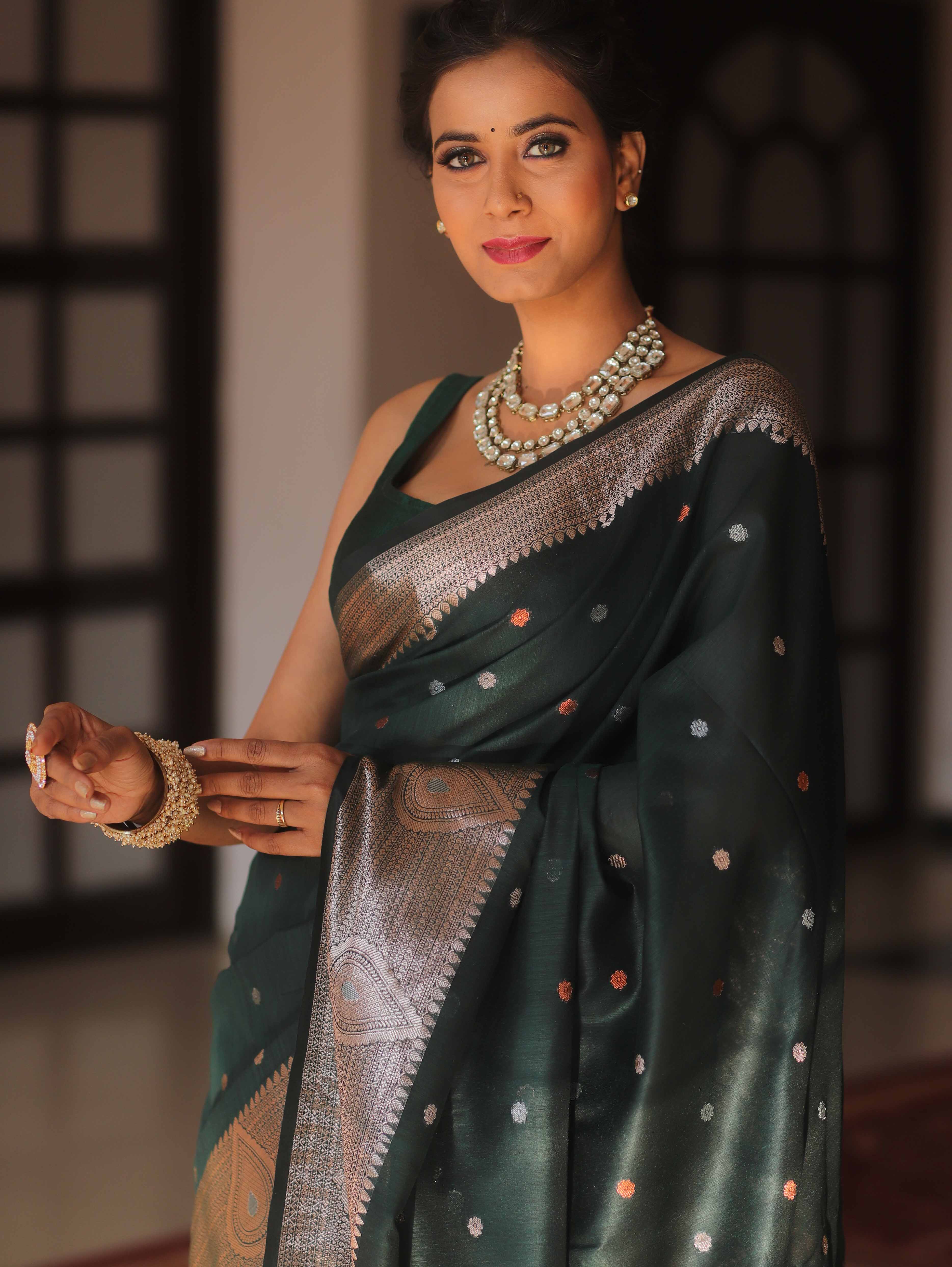 Banarasee Cotton Silk Saree With Copper Zari Broad Border-Green