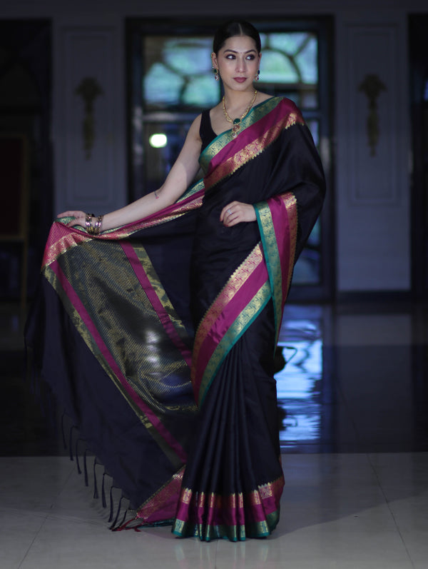 Banarasee Handloom Plain Semi Silk Saree With Contrast Zari Border-Black