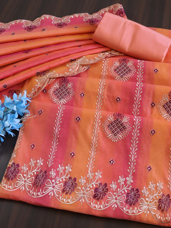 Banarasee Chanderi Cotton Embroidered Salwar Kameez With Dupatta Set-Peach
