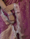 Banarasee Handloom Dual Tone Shimmer Tissue Saree With Buti Design Zari Border & Lace-Violet
