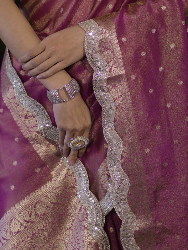 Banarasee Handloom Dual Tone Shimmer Tissue Saree With Buti Design Zari Border & Lace-Violet