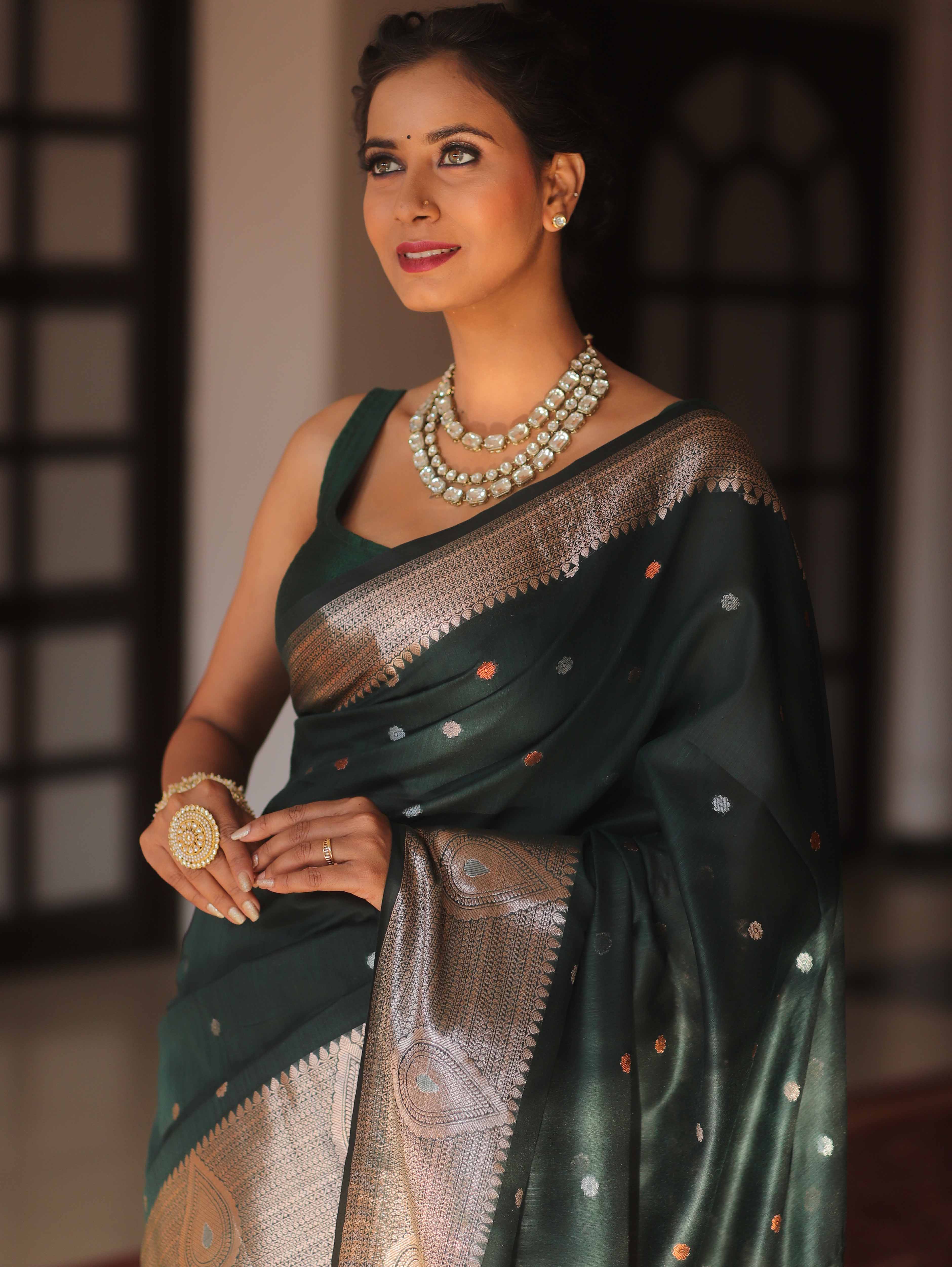 Banarasee Cotton Silk Saree With Copper Zari Broad Border-Green
