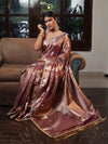 Banarasee Handwoven Crushed Tissue Saree With Zari Buta Design & Lace-Onion Pink