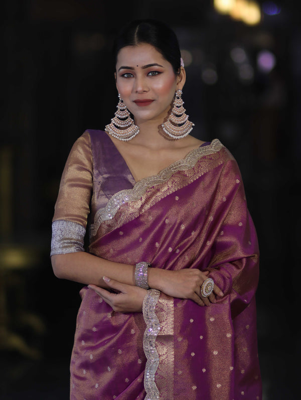 Banarasee Handloom Dual Tone Shimmer Tissue Saree With Buti Design Zari Border & Lace-Violet