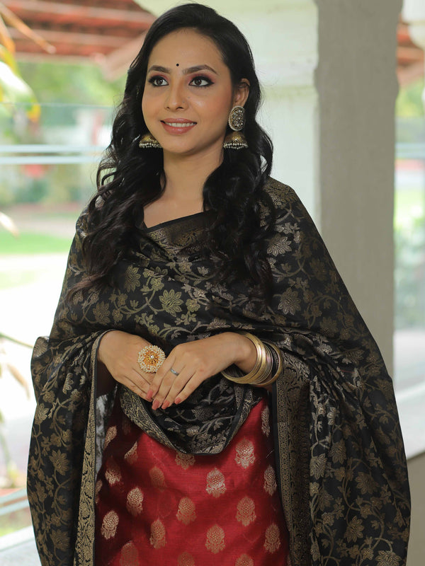 Banarasee Chanderi Cotton Salwar Kameez Fabric With Antique Zari & Contrast Dupatta-Maroon & Black