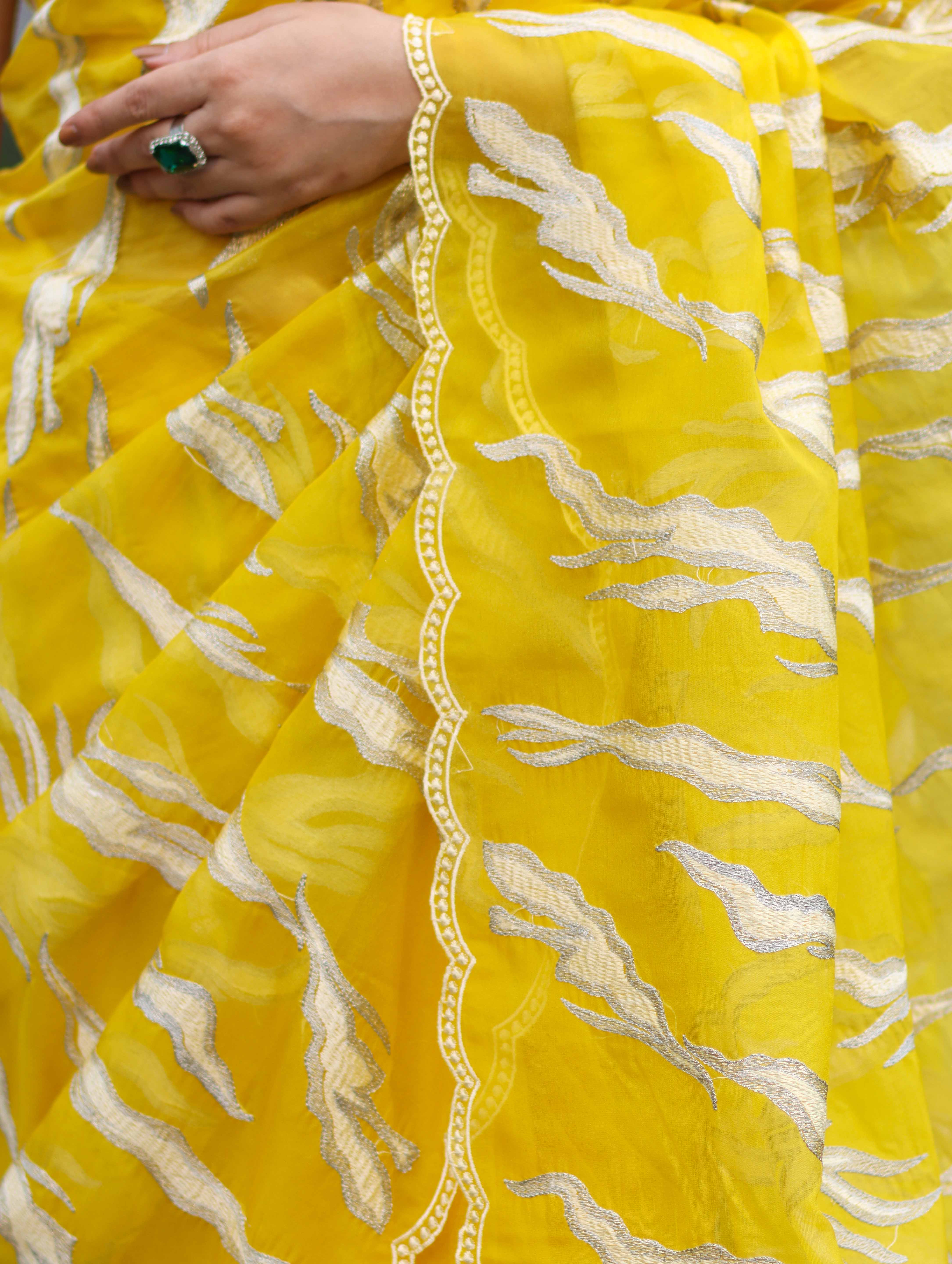 Banarasee Handloom Organza Saree With Resham Zari Work & Scallop Border-Yellow