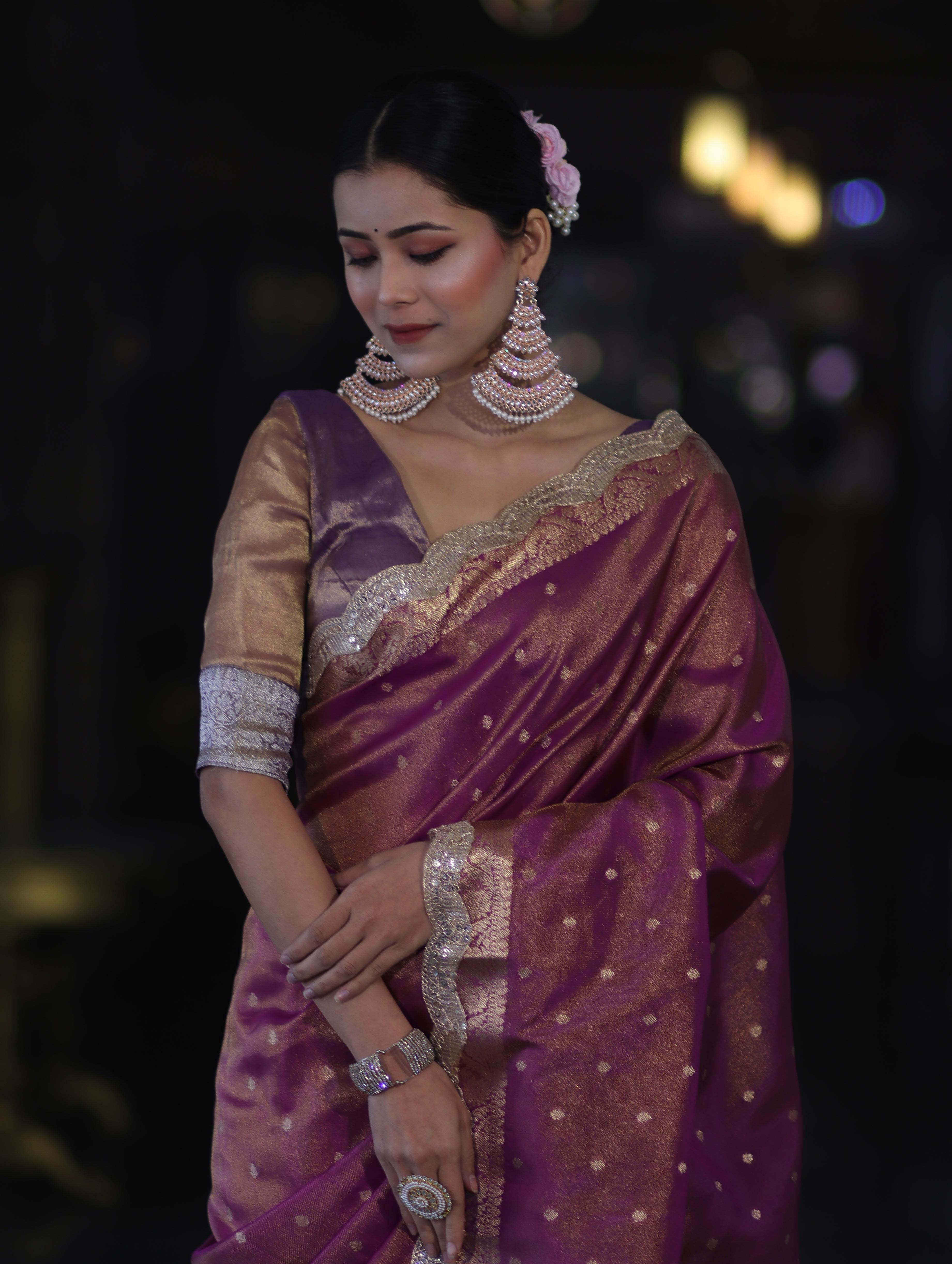 Banarasee Handloom Dual Tone Shimmer Tissue Saree With Buti Design Zari Border & Lace-Violet
