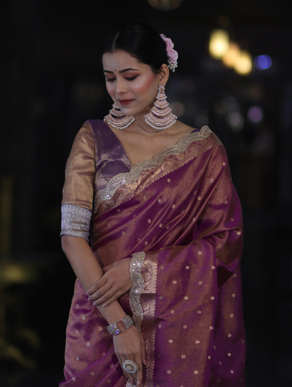 Banarasee Handloom Dual Tone Shimmer Tissue Saree With Buti Design Zari Border & Lace-Violet