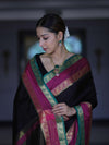 Banarasee Handloom Plain Semi Silk Saree With Contrast Zari Border-Black