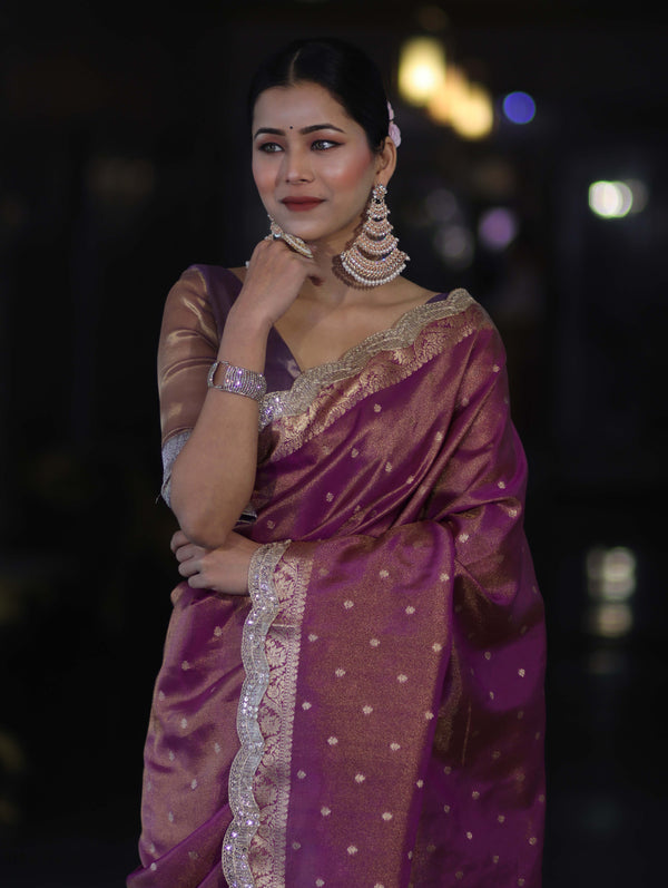 Banarasee Handloom Dual Tone Shimmer Tissue Saree With Buti Design Zari Border & Lace-Violet