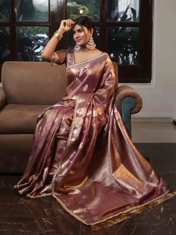 Banarasee Handwoven Crushed Tissue Saree With Zari Buta Design & Lace-Onion Pink