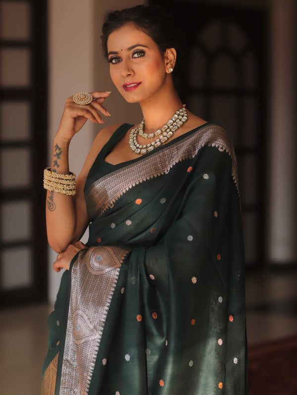 Banarasee Cotton Silk Saree With Copper Zari Broad Border-Green