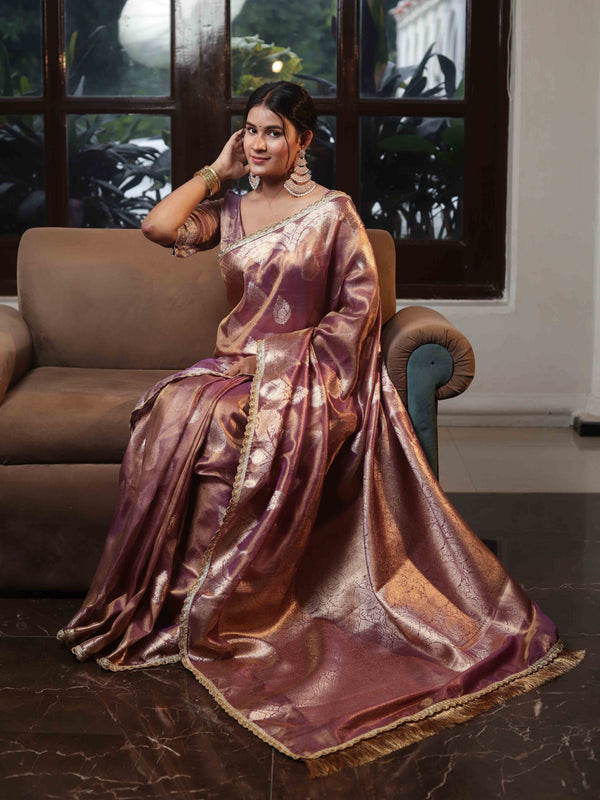 Banarasee Handwoven Crushed Tissue Saree With Zari Buta Design & Lace-Onion Pink