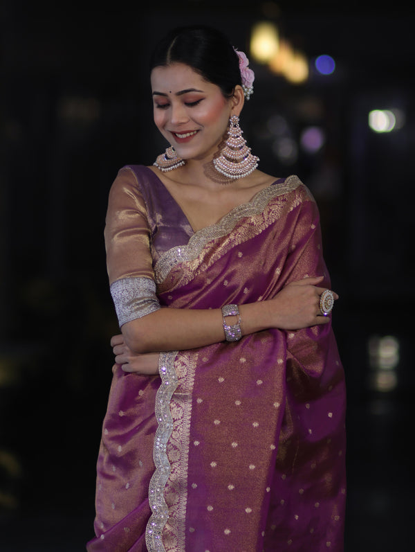 Banarasee Handloom Dual Tone Shimmer Tissue Saree With Buti Design Zari Border & Lace-Violet