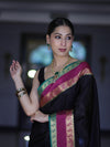 Banarasee Handloom Plain Semi Silk Saree With Contrast Zari Border-Black
