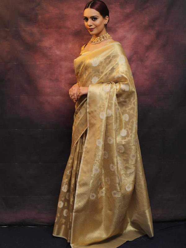 Banarasee Handwoven Tissue Saree With Zari Jaal Work-Gold