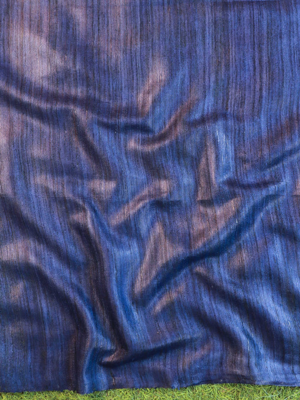 Bhagalpur Pure Handloom Tussar Silk Saree With Block Print Design-Blue & Beige