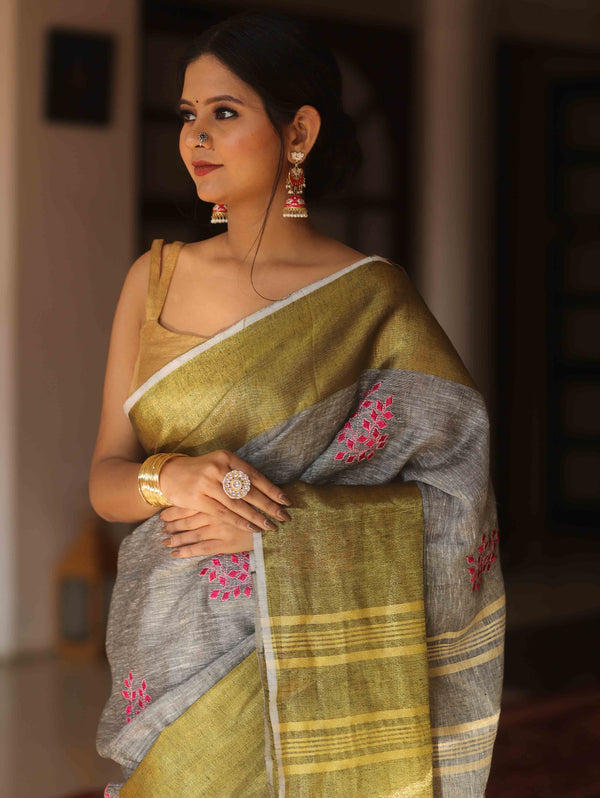 Bhagalpur Handloom Embroidered Buta Design Linen Saree With Contrast Border-Grey & Gold