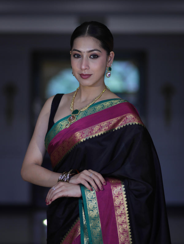 Banarasee Handloom Plain Semi Silk Saree With Contrast Zari Border-Black