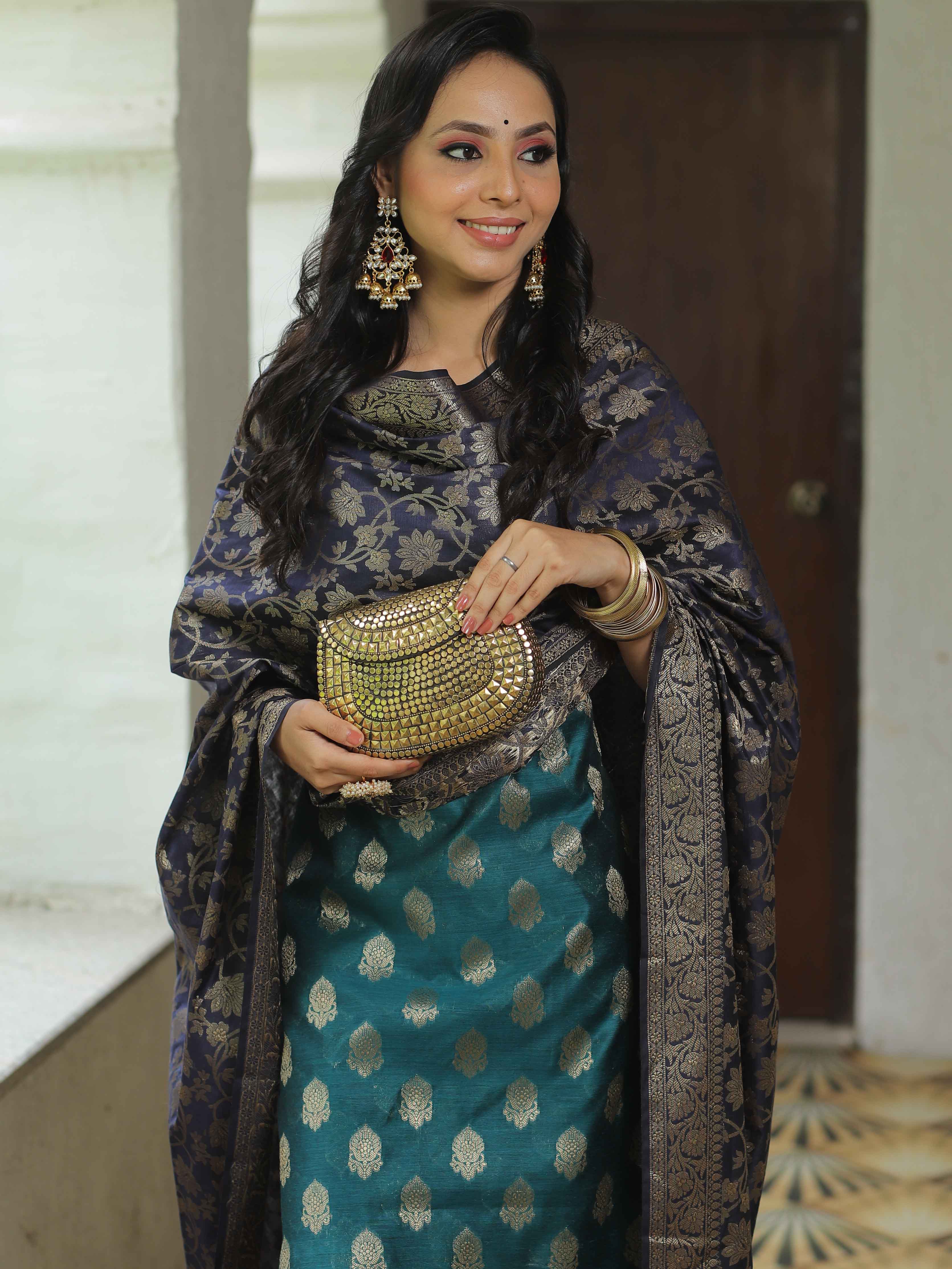 Banarasee Chanderi Cotton Salwar Kameez Fabric With Antique Zari & Contrast Dupatta-Green & Blue
